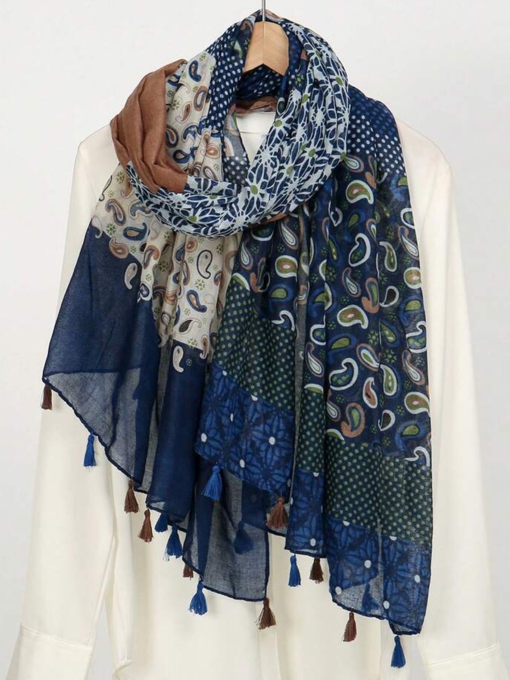 Blue Floral & Tassel Lightweight Scarf - Women Accessories